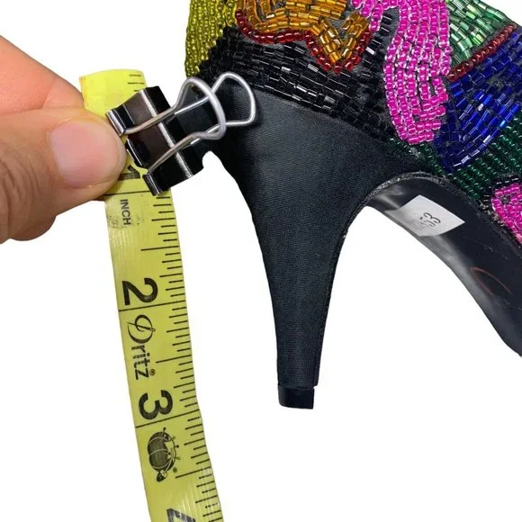 Vintage 90s Caparros Multicolor Pattern Beaded Pointed Toe Pumps 6